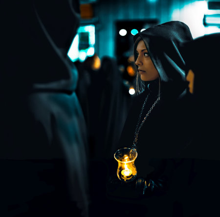 Zamora, Spain - March 31, 2018: Ladies of the Virgin of Solitude during holy week (semana santa) in Zamora, Spain. The ladies wear rigorous mourning, with a black cloak with a cap, with a distinctive medal and with a glass tulip.のeditorial素材