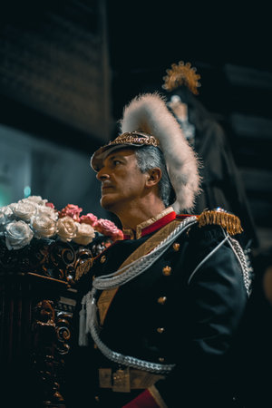 Zamora, Spain - March 31, 2018: Procession of the Virgin of Solitude during holy week (semana santa) in Zamora, Spain. Around the Step of the Virgin is the Square of the Municipal Police that is escort of honor, with a picket in uniform of gala.のeditorial素材