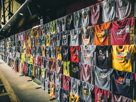Sevilla, Spain - February 13, 2019: Collection of Summer colorful t-shirts with funny screen printings sold at souvenir shop in Seville, Spain.のeditorial素材