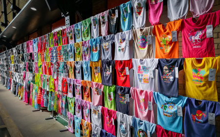 Sevilla, Spain - February 13, 2019: Collection of Summer colorful t-shirts with funny screen printings sold at souvenir shop in Seville, Spain.のeditorial素材