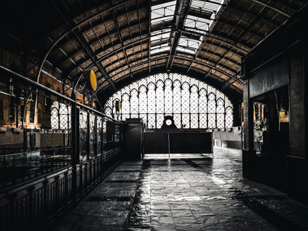 Top of old Seville railway Station. Interior architecture of Plaza de Armas old train station....