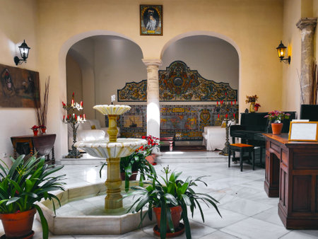 Sevilla, Spain - April 13, 2019: Traditional courtyard in a Manor Sevillian house at the famous neighborhood of Holy Cross (Barrio de Santa Cruz), Seville, Andalusia, Spain.のeditorial素材