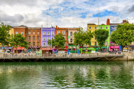 Dublin, Ireland - August 13, 2013: Bachelor's Walk, Dublin Quays. Colorful buildings in The River Liffey boardwalk along Dublin Quays.のeditorial素材