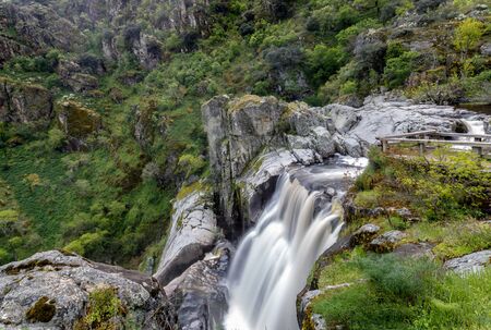 Beautiful Waterfall Pozo de los Humos (smoke pit) in Spain. Famous tourist attractions and landmarks destination in Salamanca. Spain.の写真素材