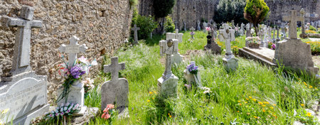 San MartÃ­n del CastaÃ±ar, Spain - April 20, 2019: View of the Peculiar and beautiful cemetery in the mountain town declared a historic site. San MartÃ­n del CastaÃ±ar. Sierra de Bejar. Spainのeditorial素材