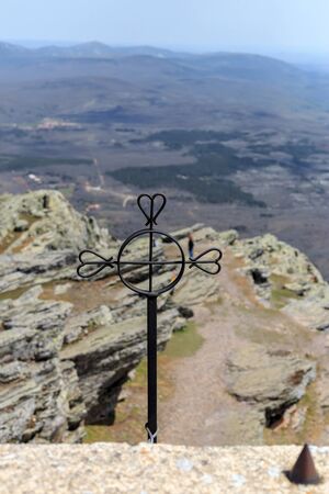 Landscape view from the Sanctuary and viewpoint in PeÃ±a de Francia, Salamanca. Spain. Detail of markers which indicate which village are gazing down upon from high vantage point.の写真素材