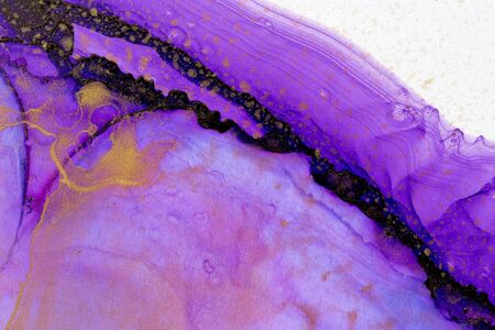 Pink, purple and gold ethereal world abstract background. Alcohol ink technique. Hand painted ink texture.の写真素材