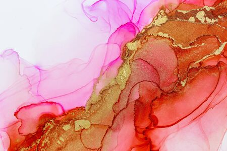 Luxurious Red, Rose and Gold Abstract Background. Ink Design. Trendy Wallpaper. Modern Contemporary Art.の写真素材