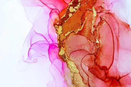 Luxurious Red and Gold Abstract Background. Ink Design. Trendy Wallpaper. Modern Contemporary Art.の写真素材