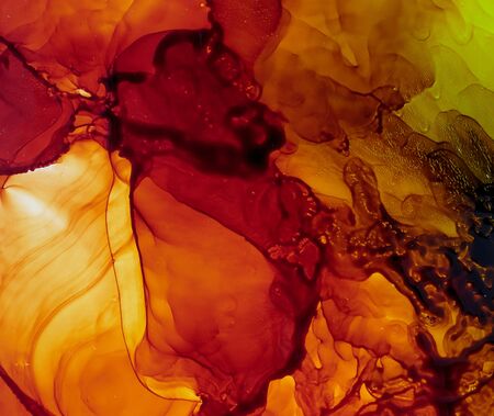 Alcohol Ink Smears on Aluminium. Oriental Ink Painting. Fire Tones  Texture. Shimmering Modern Art. Colorful Artwork. Watercolor Background Texture.の写真素材