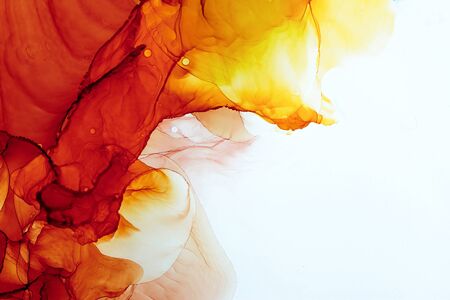Alcohol Ink Smears on Aluminium. Oriental Ink Painting. Fire Tones  Texture. Shimmering Modern Art. Colorful Artwork. Watercolor Background Texture.の写真素材