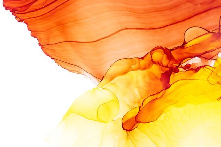 Alcohol Ink Smears on Aluminium. Oriental Ink Painting. Fire Tones  Texture. Shimmering Modern Art. Colorful Artwork. Watercolor Background Texture.の写真素材