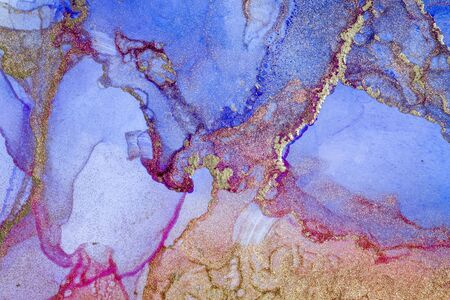 Mystic Alcohol ink Abstract background. Modern art. Abstract artwork. Trendy blue, pink and gold wallpaper.の写真素材