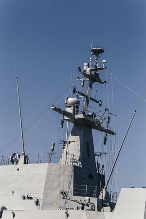 View of the main mast in a maritime action ship. Aerial and surface discovery radar.の写真素材