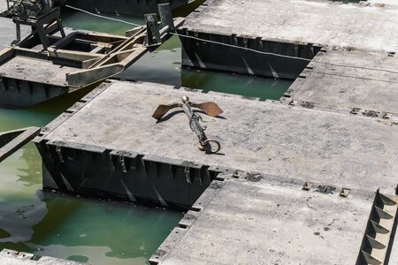 Anchor on floating boat bridge mounted by the regiment of pontoniers and Engineers of the Spanish army.の写真素材