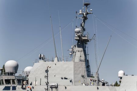 View of the main mast in a maritime action ship. Aerial and surface discovery radar.の写真素材