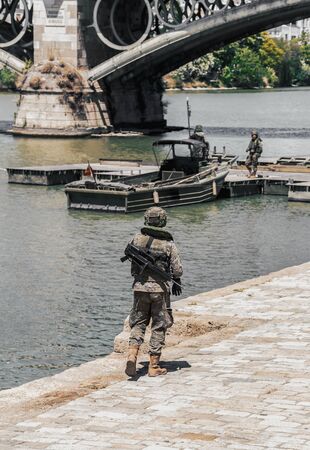 Army soldier during military operation in the city.の写真素材