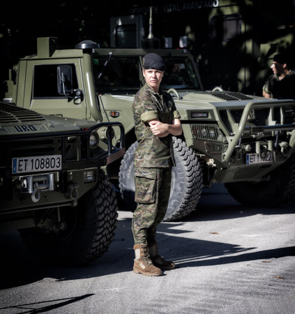 Seville, Spain - May 30, 2019: Woman spanish soldier in service of control during Armed Forces Day in Seville, Spainのeditorial素材