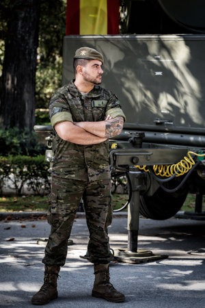 Seville, Spain - May 30, 2019: Portrait of Spanish soldier in service of control during Armed Forces Day in Seville, Spainのeditorial素材