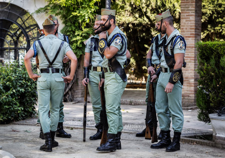 Seville, Spain - May 30, 2019: Portrait of spanish legion soldiers (unit of the Spanish Army and Spain's Rapid Reaction Force.)  during Armed Forces Day in Seville, Spain.のeditorial素材
