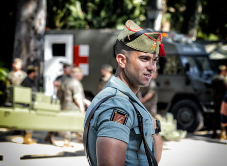 Seville, Spain - May 30, 2019: Portrait of spanish legion soldier (unit of the Spanish Army and Spain's Rapid Reaction Force.)  in service of control during Armed Forces Day in Seville, Spain.のeditorial素材