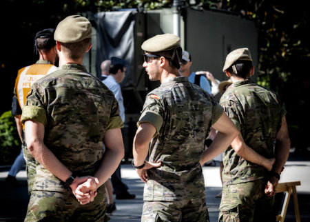 Seville, Spain - May 30, 2019: Portrait of spanish soldiers in service of control during Armed Forces Day in Seville, Spain.のeditorial素材