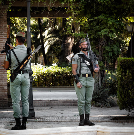 Seville, Spain - May 30, 2019: Portrait of spanish legion soldiers (unit of the Spanish Army and Spain's Rapid Reaction Force.)  during Armed Forces Day in Seville, Spain.のeditorial素材