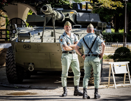 Seville, Spain - May 30, 2019: Portrait of spanish legion soldiers (unit of the Spanish Army and Spain's Rapid Reaction Force.)  in service of control during Armed Forces Day in Seville, Spain.のeditorial素材
