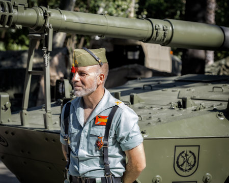 Seville, Spain - May 30, 2019: Portrait of spanish legion soldier (unit of the Spanish Army and Spain's Rapid Reaction Force.)  in service of control during Armed Forces Day in Seville, Spain.のeditorial素材