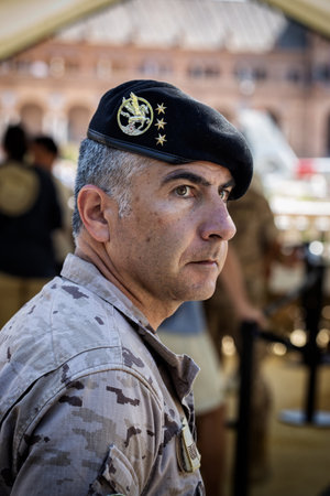 Seville, Spain - May 30, 2019: Portrait of Spanish soldier in service of control during Armed Forces Day in Seville, Spainのeditorial素材