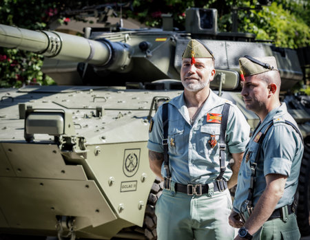Seville, Spain - May 30, 2019: Portrait of spanish legion soldiers (unit of the Spanish Army and Spain's Rapid Reaction Force.)  in service of control during Armed Forces Day in Seville, Spain.のeditorial素材