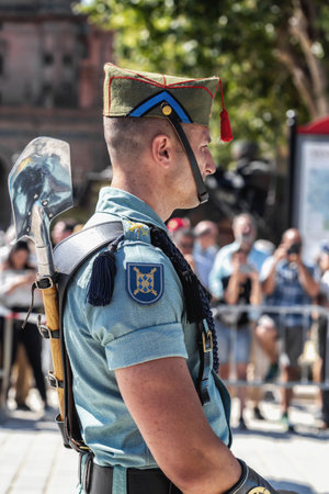 Seville, Spain - May 30, 2019: Portrait of Spanish legion soldier (unit of the Spanish Army and Spain's Rapid Reaction Force.)  during display of Spanish Armed Forces Day in Seville, Spainのeditorial素材