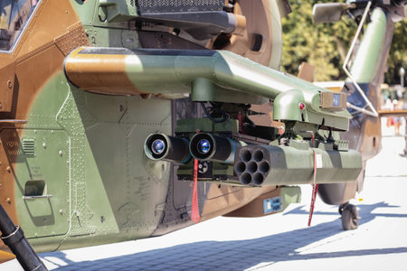 Seville, Spain - May 30, 2019: Closeup of Attack Helicopter HA.28 Tiger during display of Spanish Armed Forces Day in Seville, Spainのeditorial素材