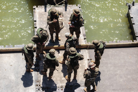 Seville, Spain - May 30, 2019: Pontonier and Engineering Specialities Regiment during display of Spanish Armed Forces Day in Seville, Spainのeditorial素材