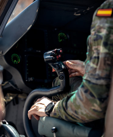 Seville, Spain - May 30, 2019: Army pilot inside cockpit of Attack Helicopter HA.28 Tiger during display of Spanish Armed Forces Day in Seville, Spainのeditorial素材