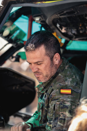 Seville, Spain - May 30, 2019: Army pilot inside cockpit of Attack Helicopter HA.28 Tiger during display of Spanish Armed Forces Day in Seville, Spainのeditorial素材