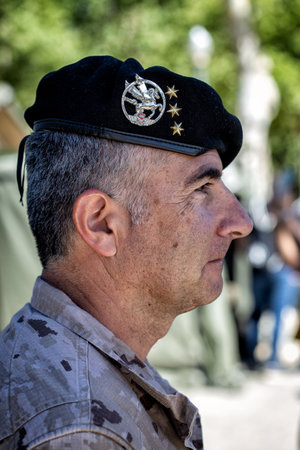 Seville, Spain - May 30, 2019: Portrait of Spanish soldier during display of spanish Armed Forces Day in Seville, Spainのeditorial素材