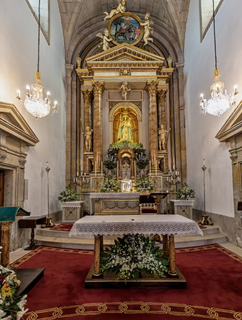 Pontevedra, Spain - August 17, 2019: Pilgrim Virgin Shrine.and Main altar with Our Lady of Refuge, Patroness of the city.のeditorial素材