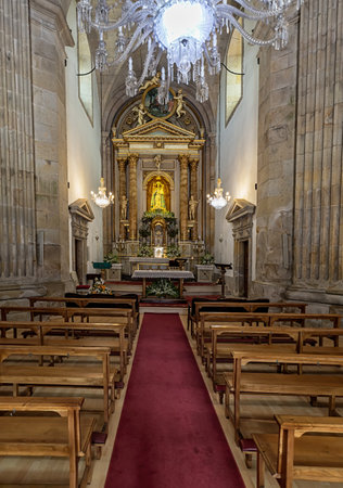 Pontevedra, Spain - August 17, 2019: Pilgrim Virgin Shrine.and Main altar with Our Lady of Refuge, Patroness of the city.のeditorial素材