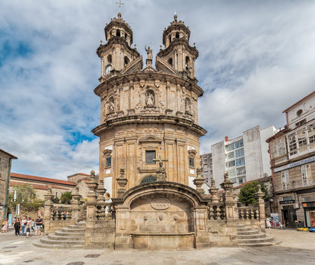 Pontevedra, Spain - August 17, 2019: Pilgrim Virgin Shrine. Built in a square of the historic centre of Pontevedra in 1778. Baroque style with Neoclassical designs.のeditorial素材