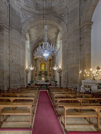 Pontevedra, Spain - August 17, 2019: Pilgrim Virgin Shrine.and Main altar with Our Lady of Refuge, Patroness of the city.のeditorial素材