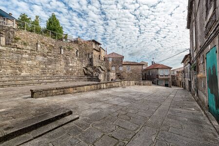 Strolling through the medieval streets of Tui. Tourism in Galicia. The most beautiful spots in Spain. Declared a Historic Artistic Siteの写真素材