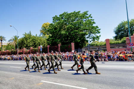 Seville, Spain - June 01, 2019: Parade of the different corps of the Spanish army during display of Spanish Armed Forces Day in Seville, Spain.のeditorial素材