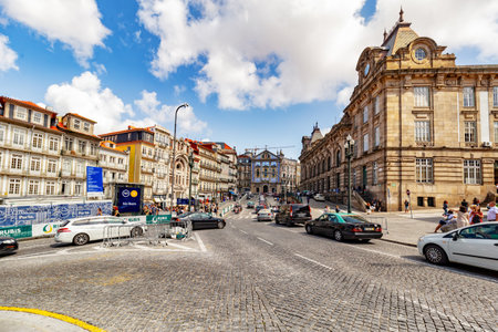 Porto, Portugal - August 11, 2019: Sao Bento Railway Station and traffic is a 20th-century railway terminal. The station is located in the Historic Center of Porto, which has been declared a UNESCO World Heritage Site.のeditorial素材