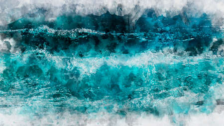 Abstract blue wave ocean watercolor background. Artistic painted background for design, wallpaper, texture. Modern art. Contemporary art.の写真素材