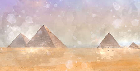 Digital watercolor painting of beautiful landscape image view of Famous Egyptian pyramids of Giza and camel in foreground.の写真素材