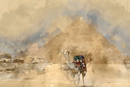Digital watercolor painting of beautiful landscape image view of Famous Egyptian pyramids of Giza...
