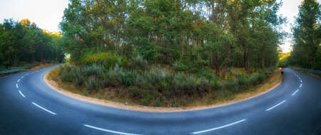 Sharp Mountain road curve in the Sanabria Lake Natural Park. Zamora, Spain