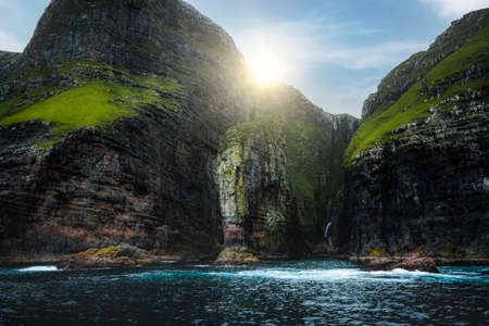 Spectacular Basalt cliffs on Streymoy Island. Vestmanna Faroe Islands, view from the boat.の写真素材