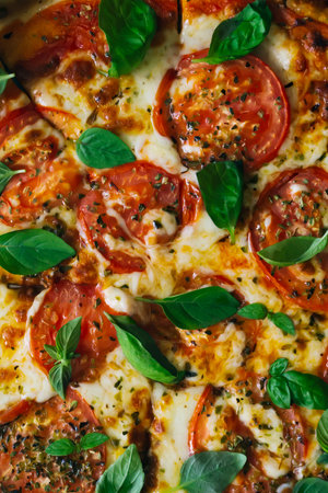 Tasty Homemade margherita pizza with with Tomatoes, Basil and Mozzarella Cheese on wooden background, top view.の写真素材